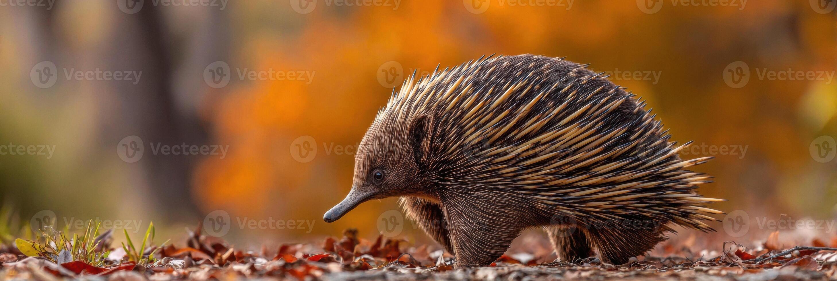 Spiny Echidna Foraging Among Fallen Leaves in a Warm Autumn Woodland Landscape photo