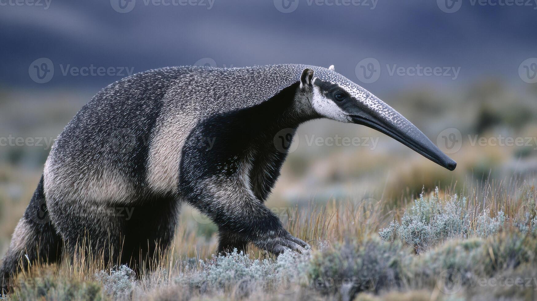 Giant Anteater Explores Grassy Landscape Under a Dramatic Sky in the Late Afternoon photo