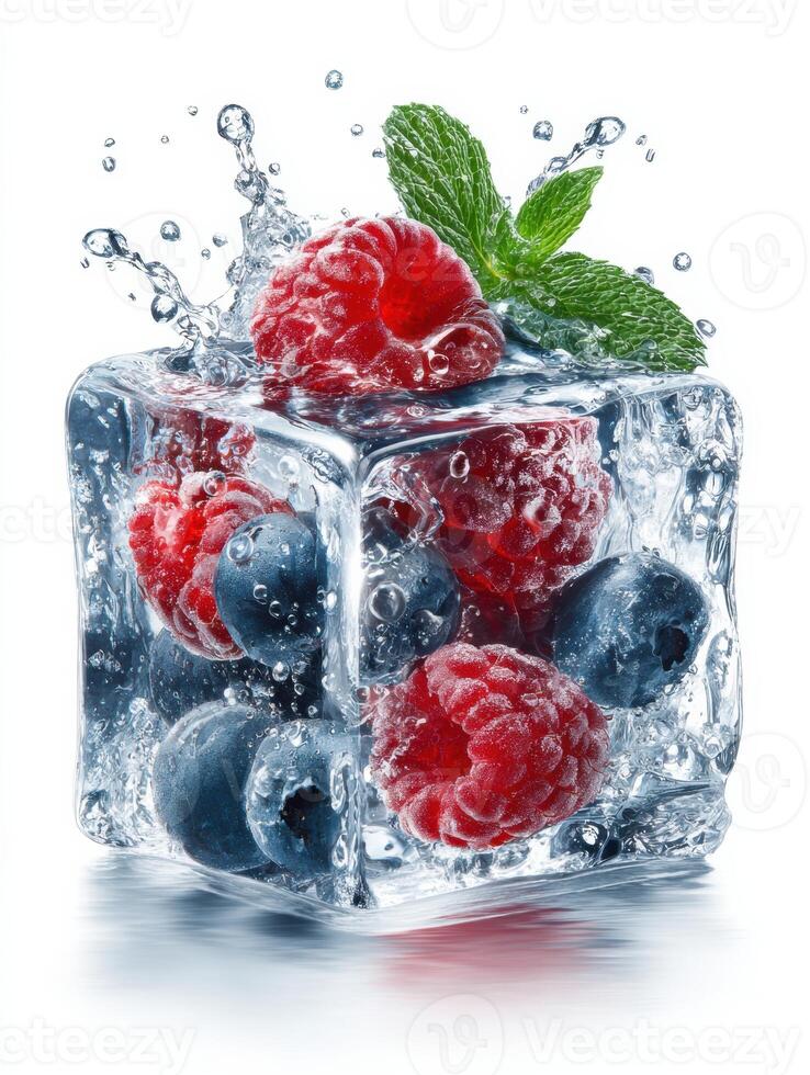 Melting Ice Cube Featuring Fresh Mint and Vibrant Berries in a Clean Setting photo