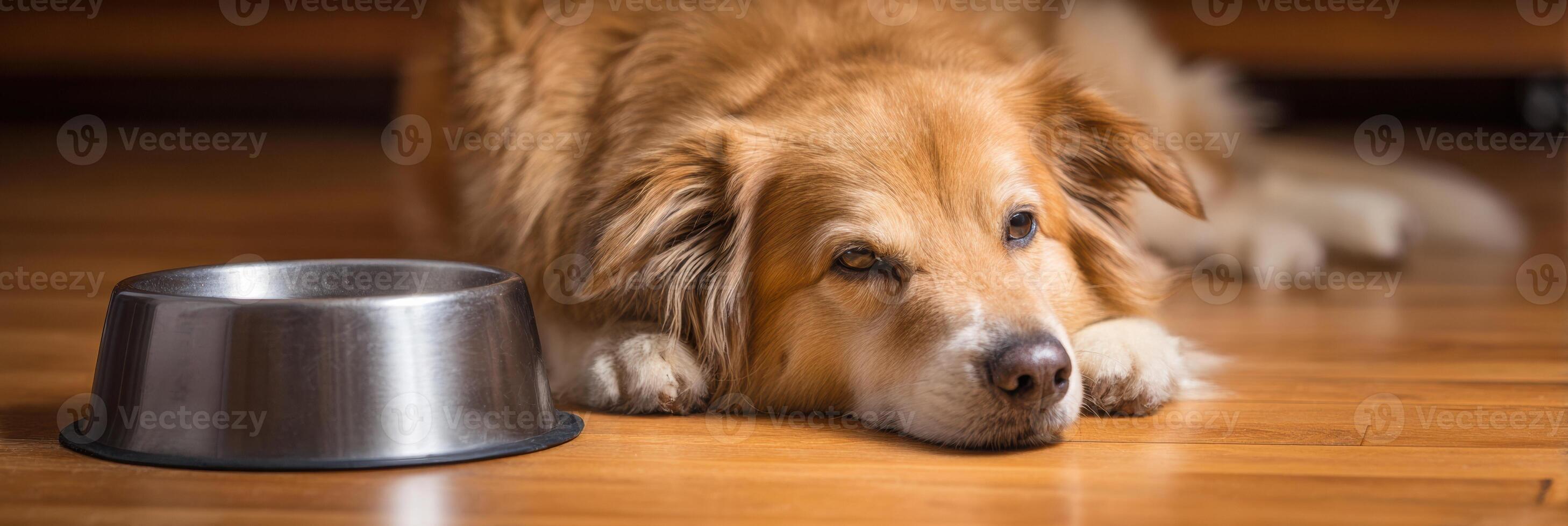 Dog Patiently Waiting Beside Empty Food Bowl on Warm Wooden Floor in Cozy Indoor Setting photo