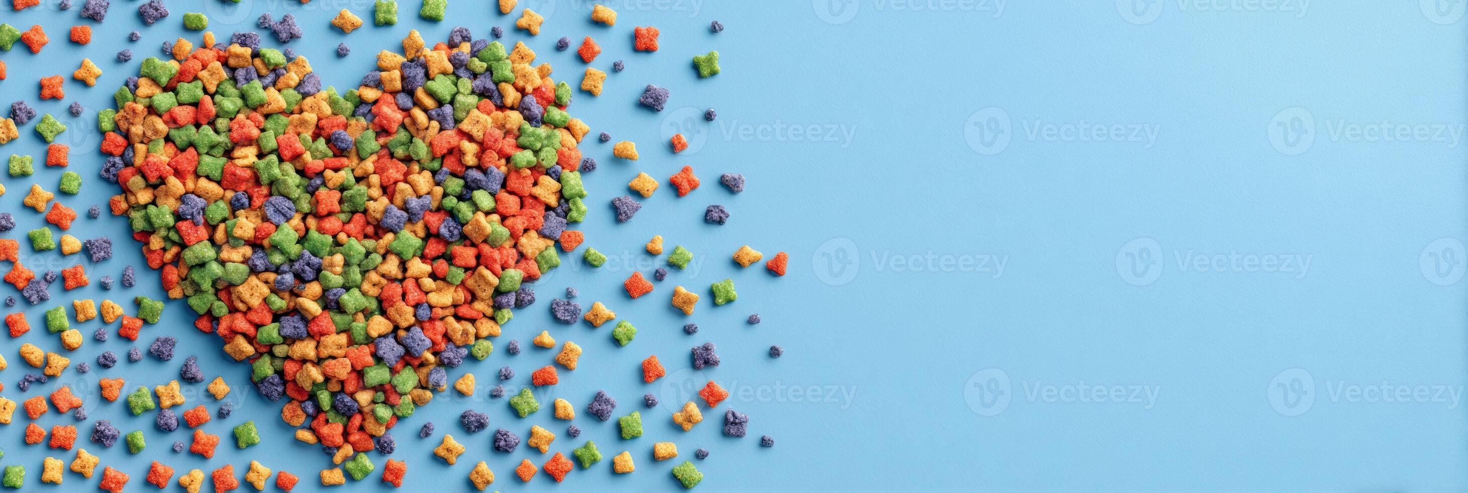 Scattered Pet Food Treats Creating a Heart Shape on a Light Blue Background With a Blank Section for Text photo