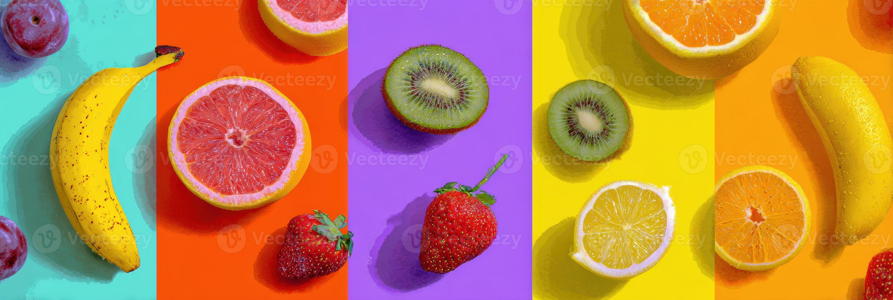Colorful Summer Fruit Collage in Pop Art Style Showcasing Vibrant Fruits on a Bright Background photo