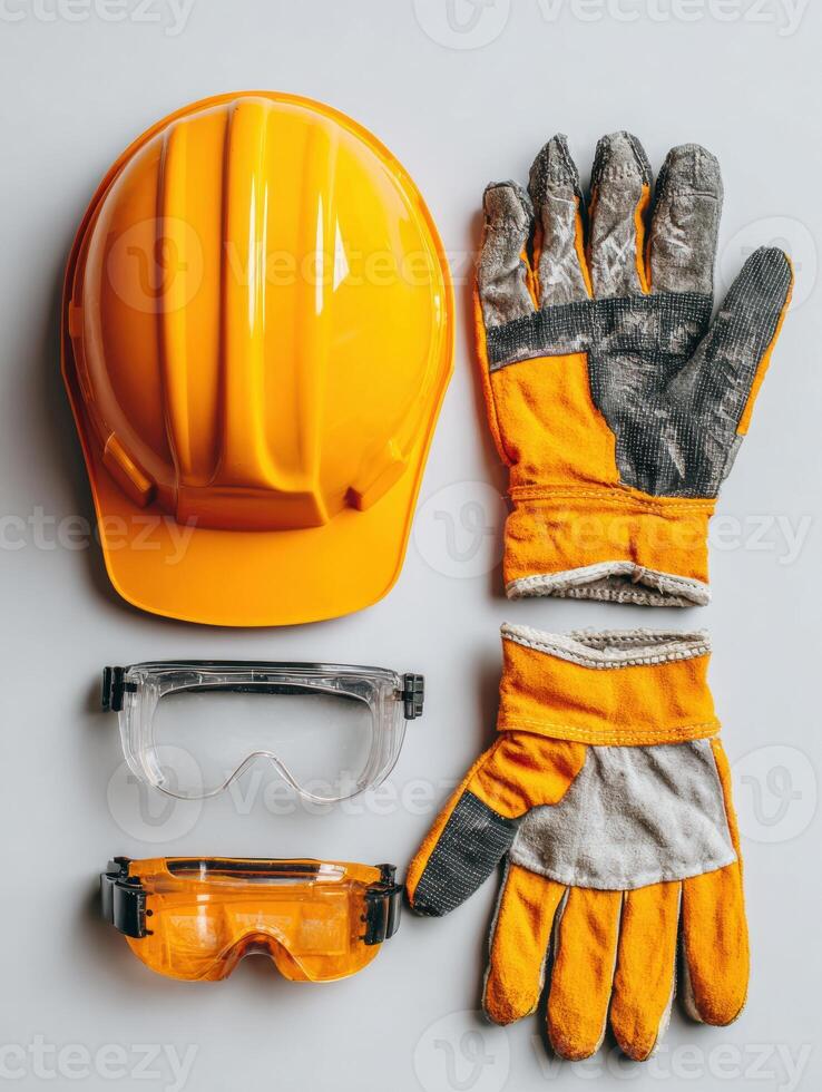 Safety Gear Including Hard Hat, Gloves, and Goggles Arranged on Neutral Backdrop for Workplace Protection photo