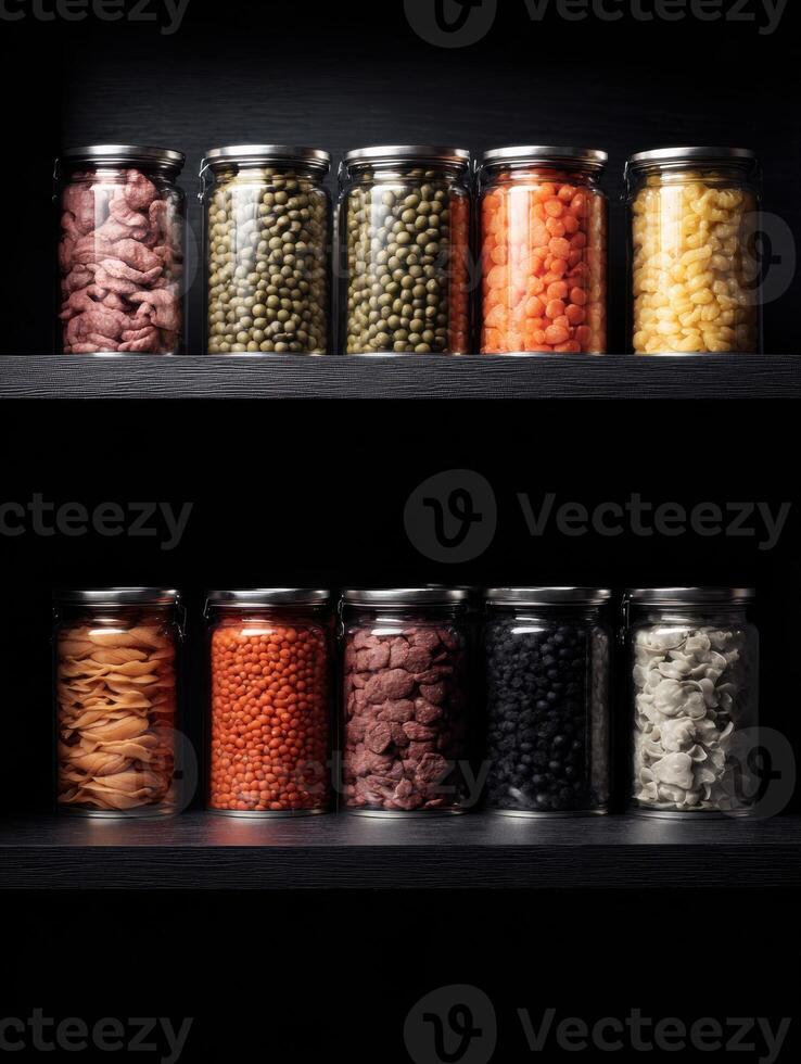 High Contrast Showcase of Canned Pet Food on Dark Shelf Highlighting Colors and Textures photo