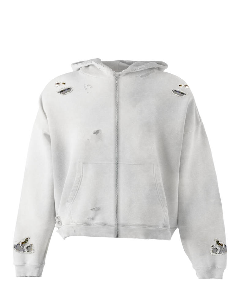 Ripped Faded Zip Hoodie White png