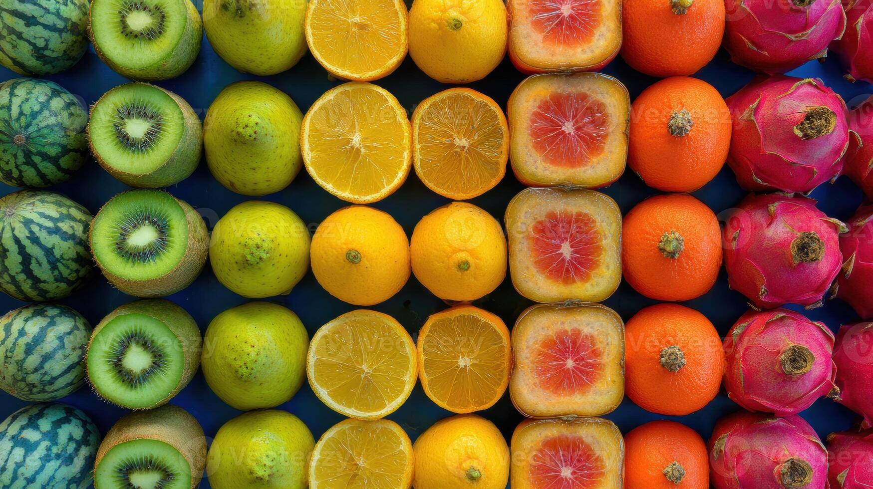 Colorful Fruit Arrangement Showcasing Beautiful Hues in Fruit Selection on a Blue Background photo