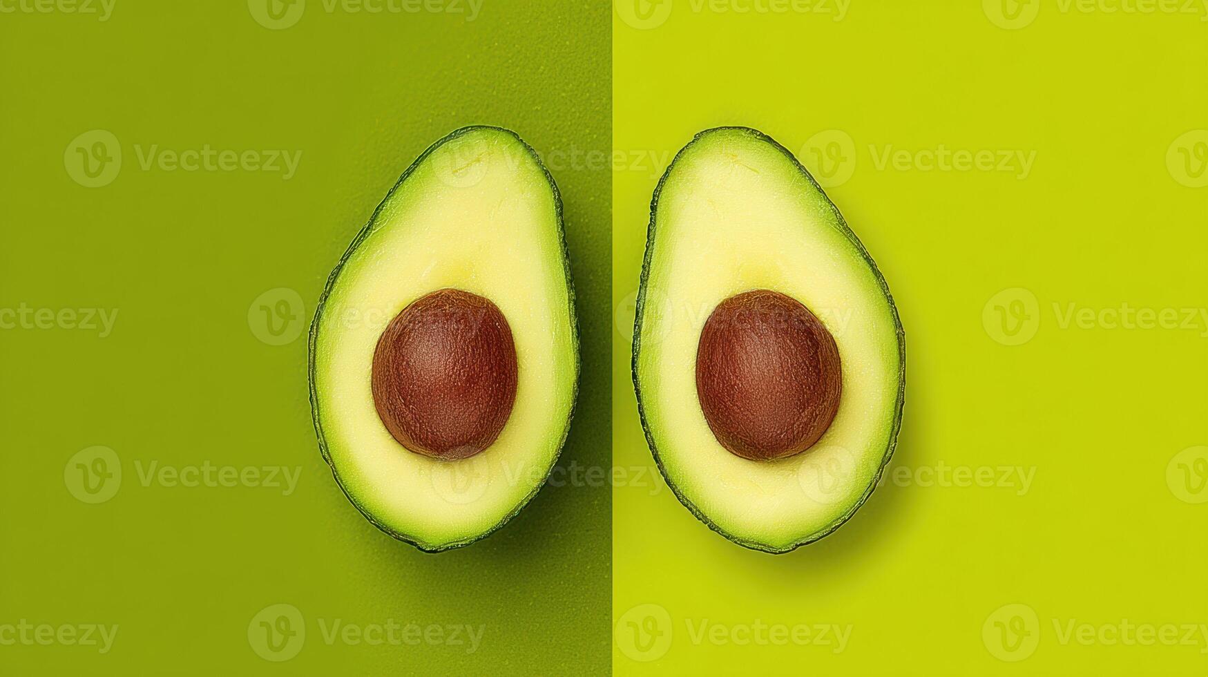 Mirrored Avocado Halves on a Vibrant Green Background Showcasing Organic Symmetry and Fresh Design Elements photo
