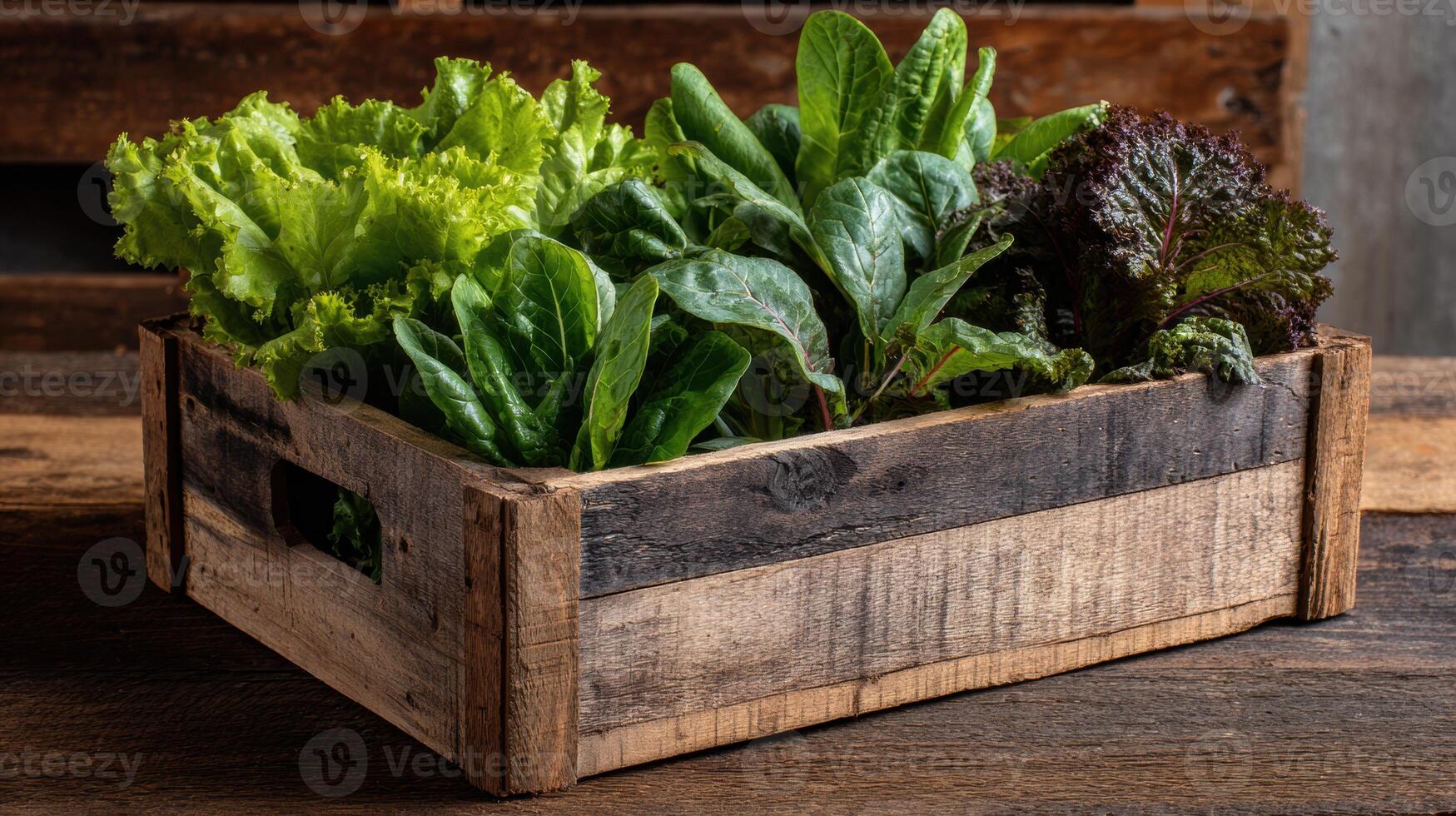 Rustic Wooden Crate Overflowing With Fresh Organic Greens Showcasing Healthy Bounty in a Country Kitchen Setting photo