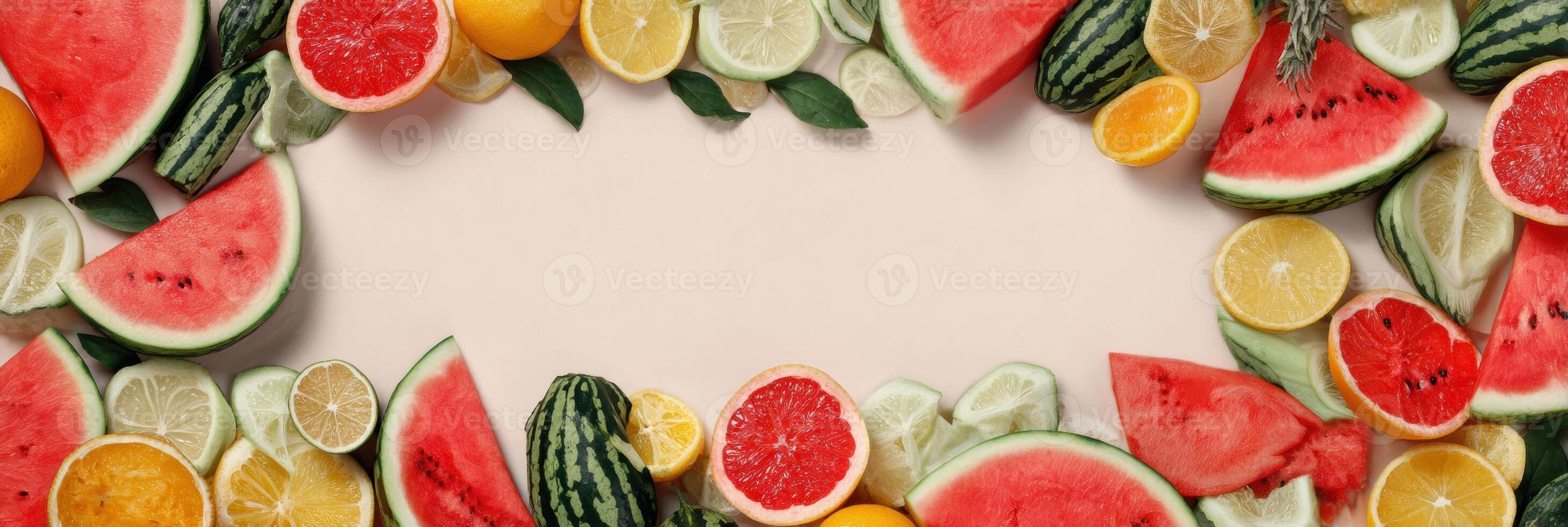 Colorful Fruit-Themed Social Media Frame Featuring Fresh Watermelon, Citrus, and Greens, Ideal for Food Posts photo