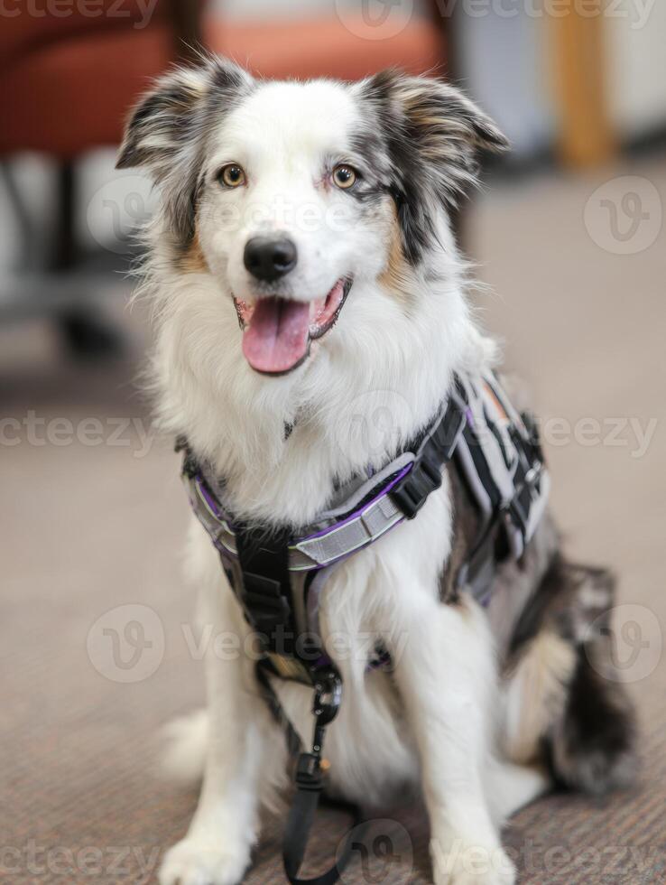 Post-surgery Mobility Training for a Dog in a Harness, Showcasing Determination and Recovery in a Minimal Setting photo