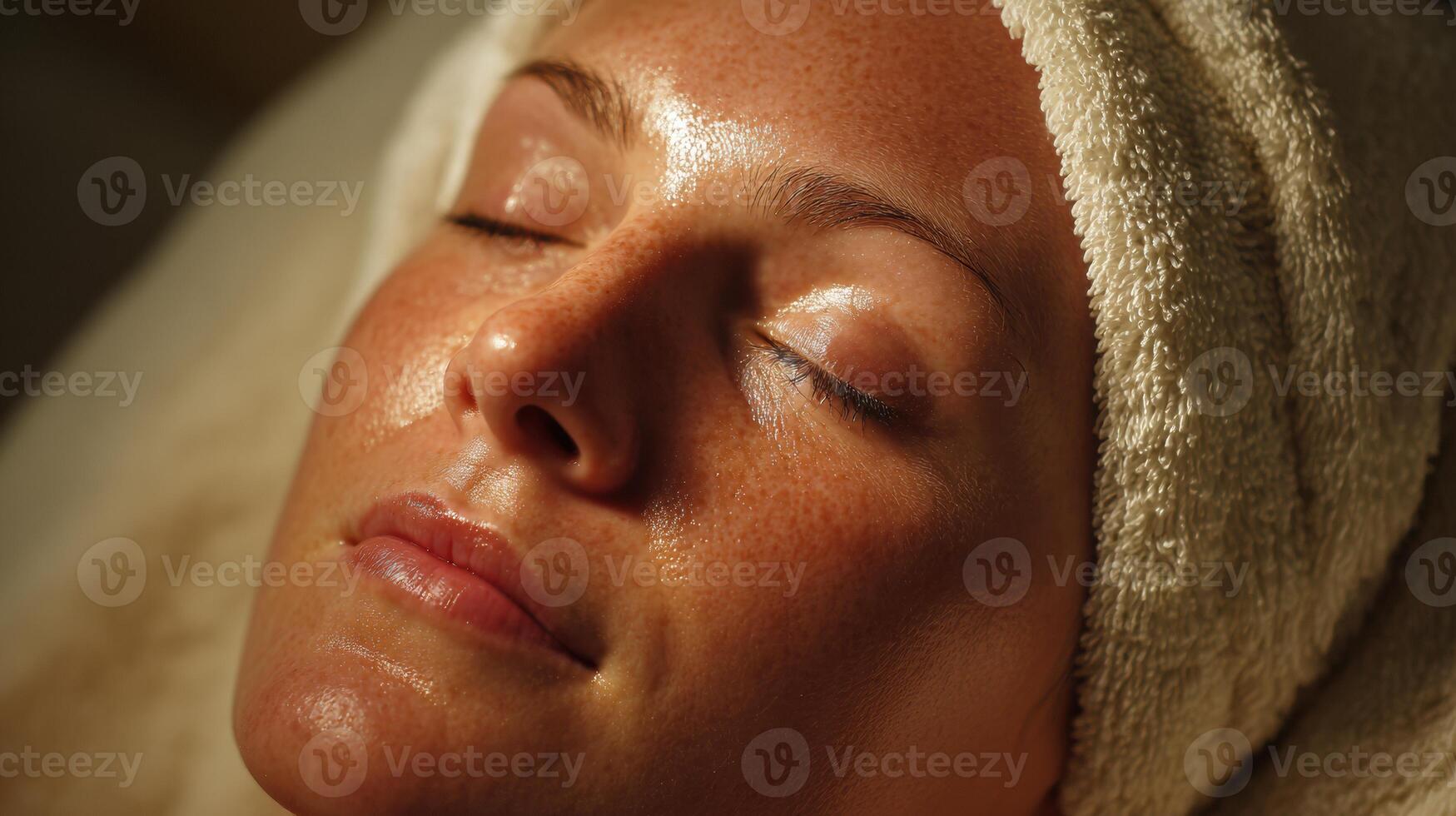 Relaxation Moment With a Hot Towel Compress on the Forehead in Soothing Warm Lighting photo