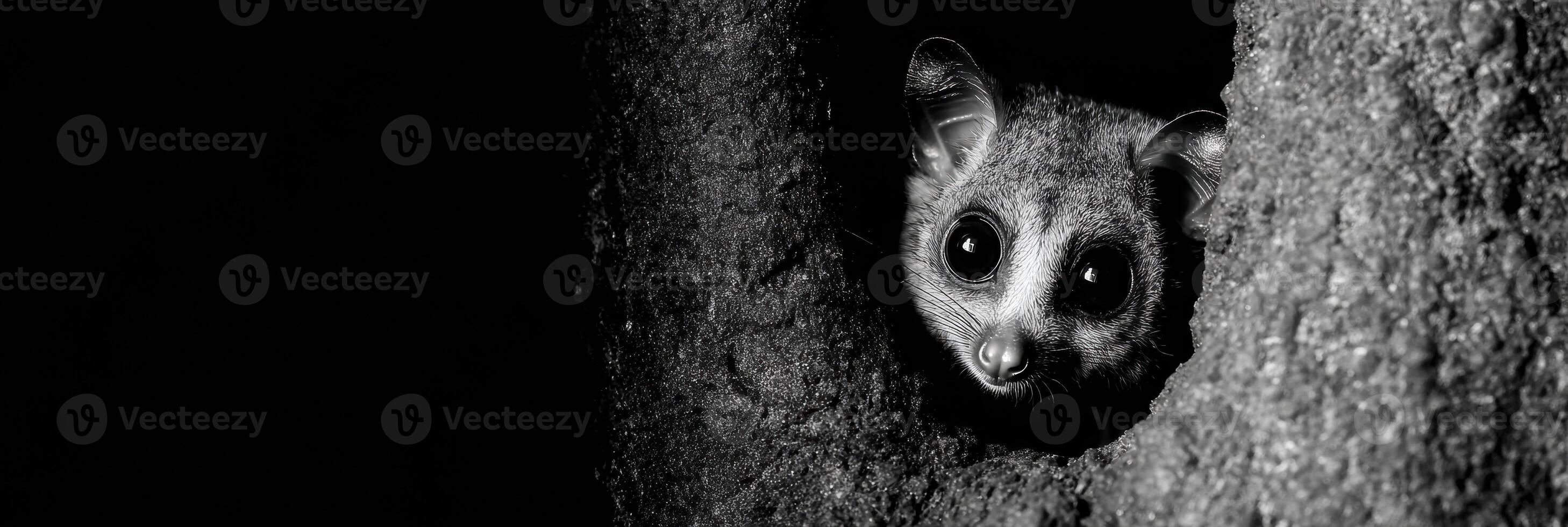 Galago Peering From Tree Hollow in Dark Tones With Clear Upper Third Revealing Curious Expression and Soft Textures of Tree Bark photo