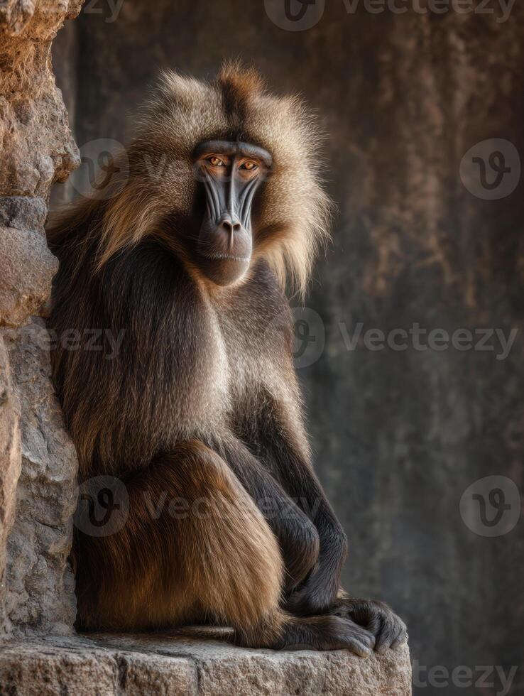 Gelada Baboon Resting on Rocky Terrain With a Serious Expression in the Wild photo
