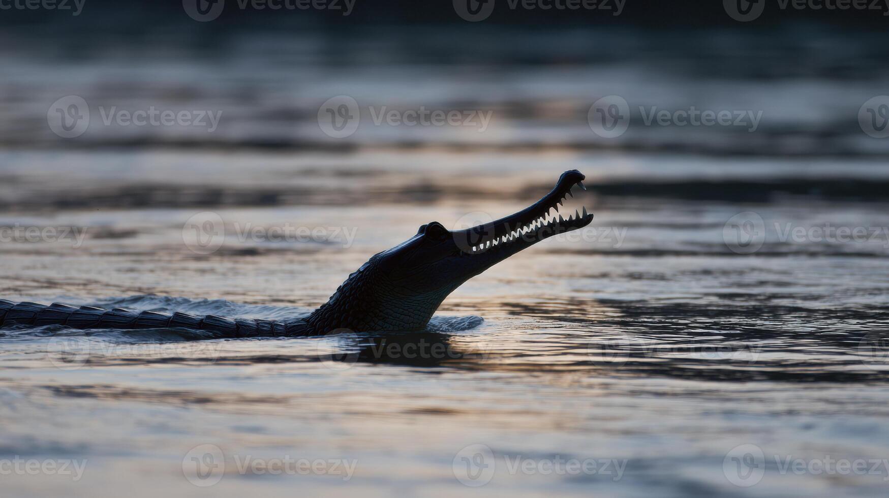 Gharial Emerges From River at Dusk, Sharp Snout Silhouette Contrasts Against Tranquil Water Surface, Left Side Highlights Aquatic Habitat photo