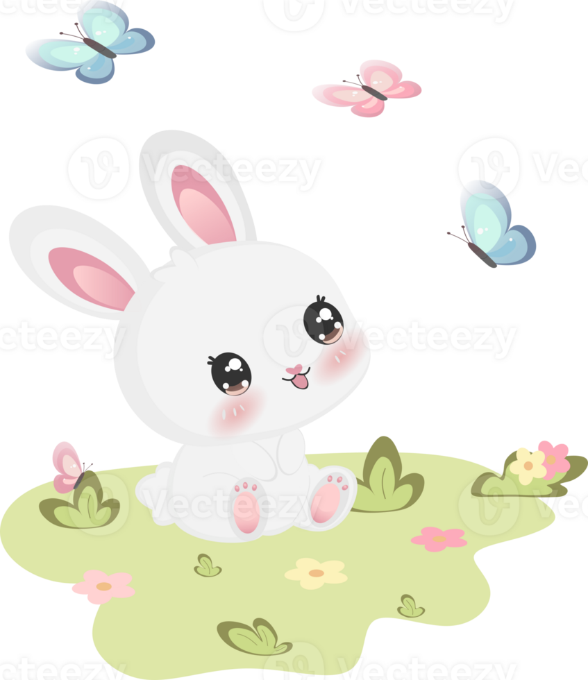 Cute bunny in the garden with flowers and butterflies. png