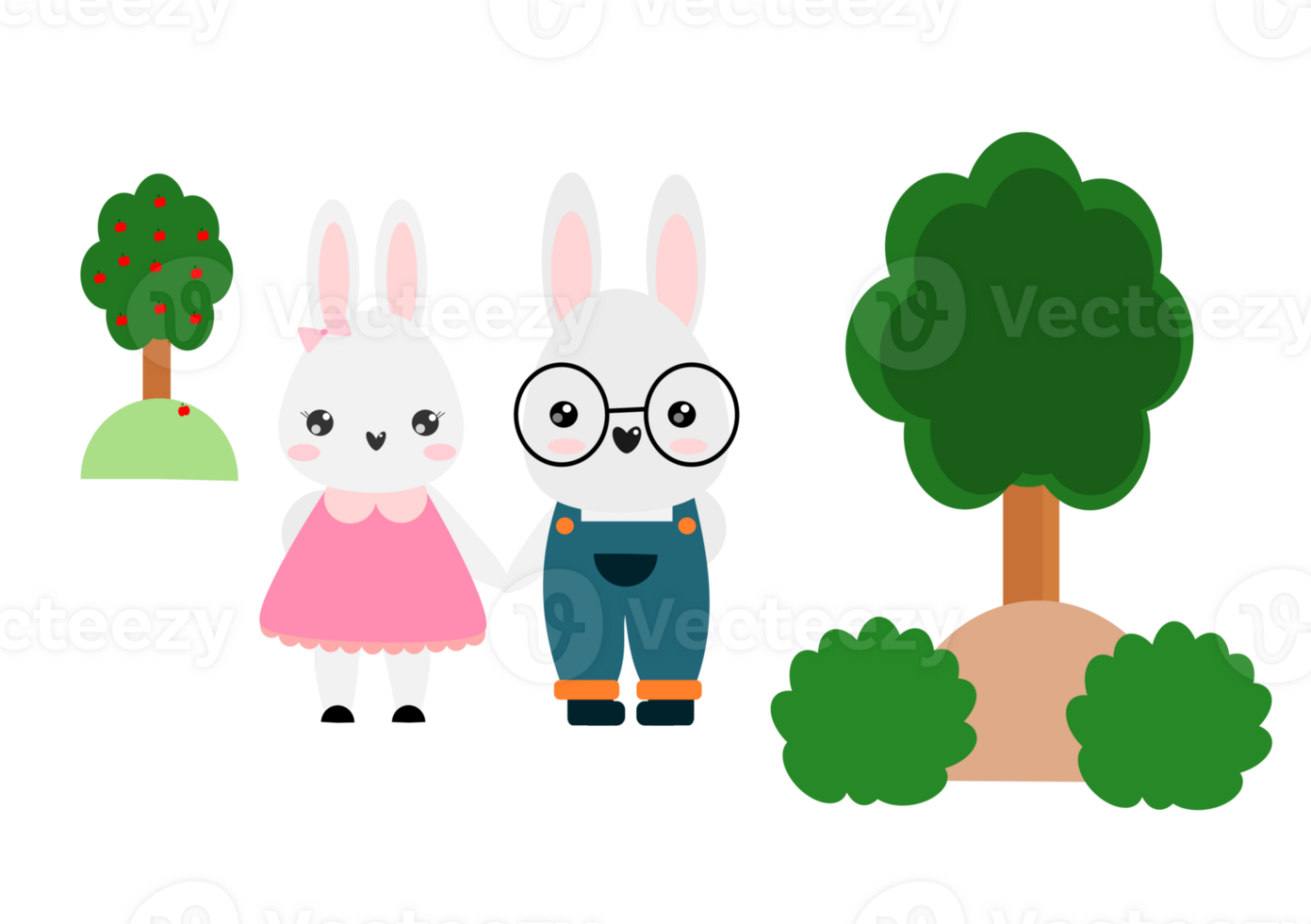 Couple of rabbits in the garden in drawing art. png