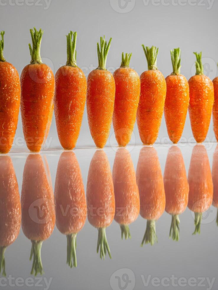 Vertical Arrangement of Fresh Carrots Reflecting on a Mirrored Surface With a Clean Background and Vibrant Colors photo