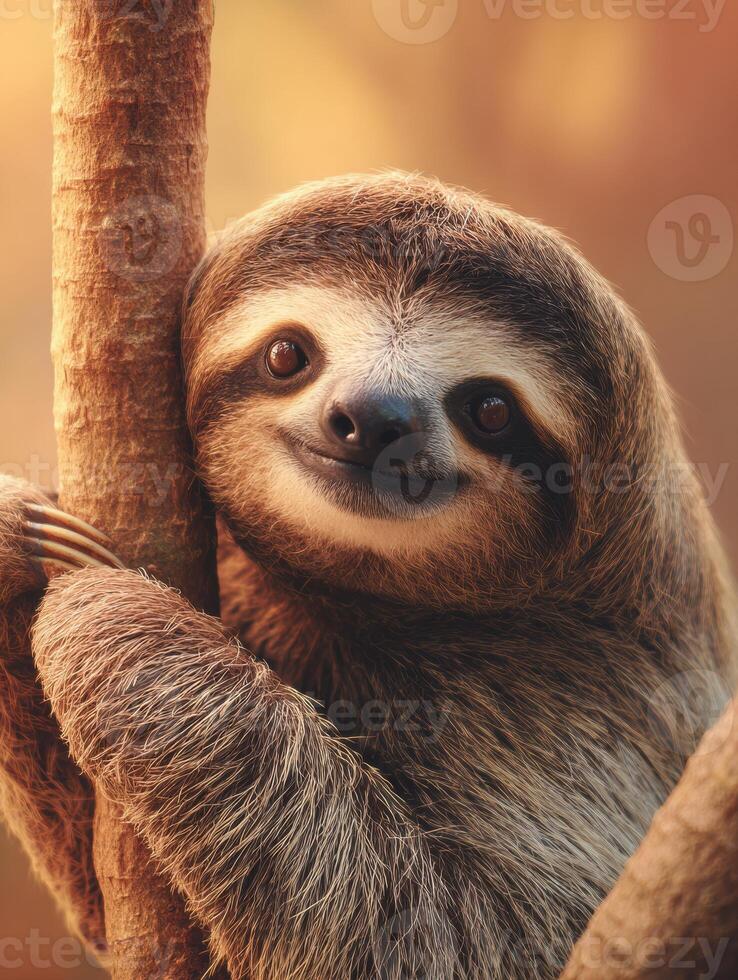 Sloth Embracing a Tree Branch in the Warm Tones of a Rainforest, Showcasing Its Calm Demeanor and Gentle Nature photo