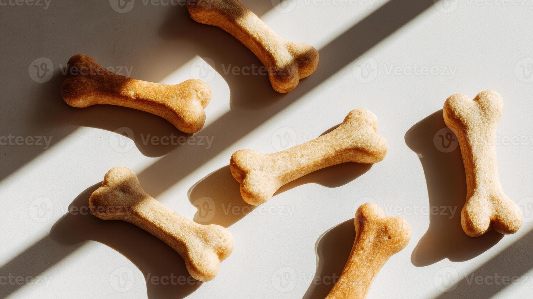 Dog Bone Treats Arranged in a Flat Lay Under Natural Sunlight With Diagonal Shadows Creating a Warm and Inviting Atmosphere photo