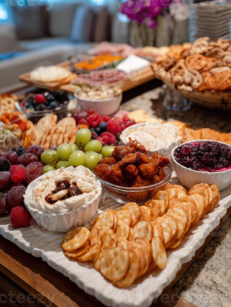Variety of Snacks Beautifully Arranged on a Platter for a Delightful Gathering at a Cozy Home Setting in the Evening photo