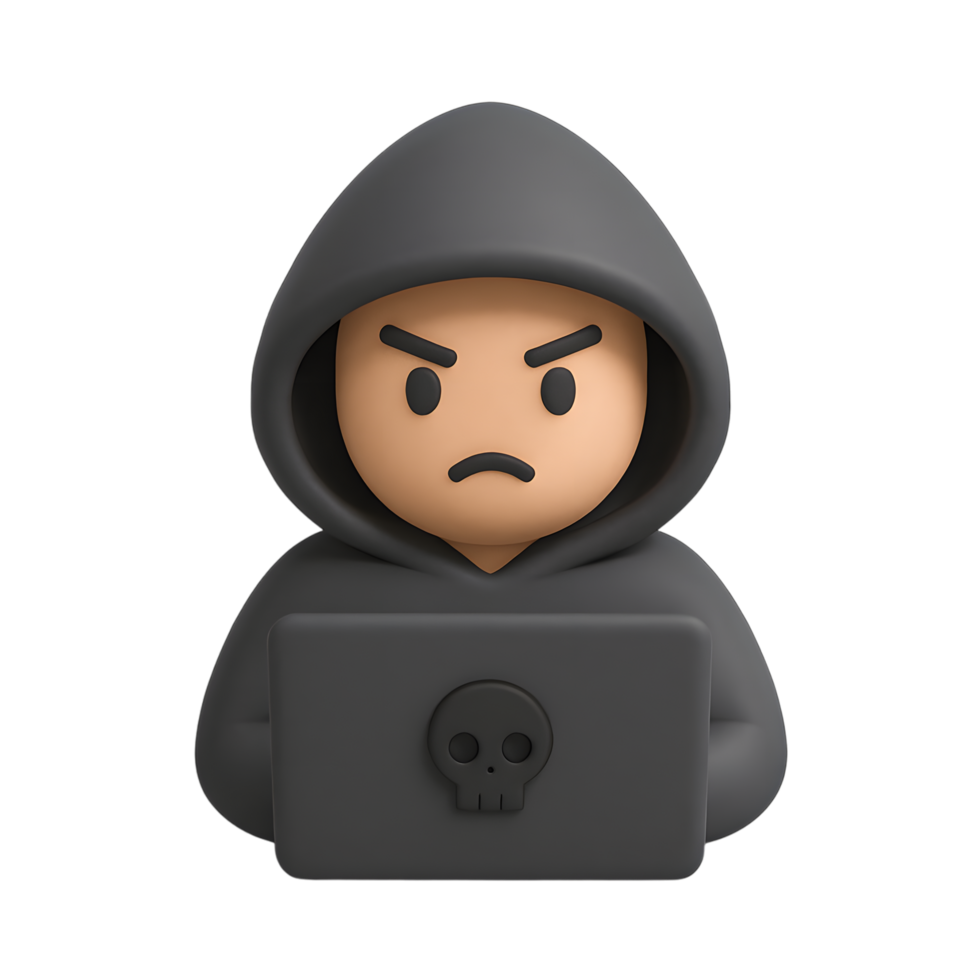 Hooded hacker character with skull laptop png