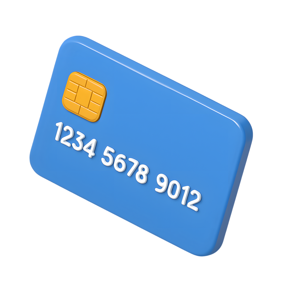 Blue credit card with chip and numbers png
