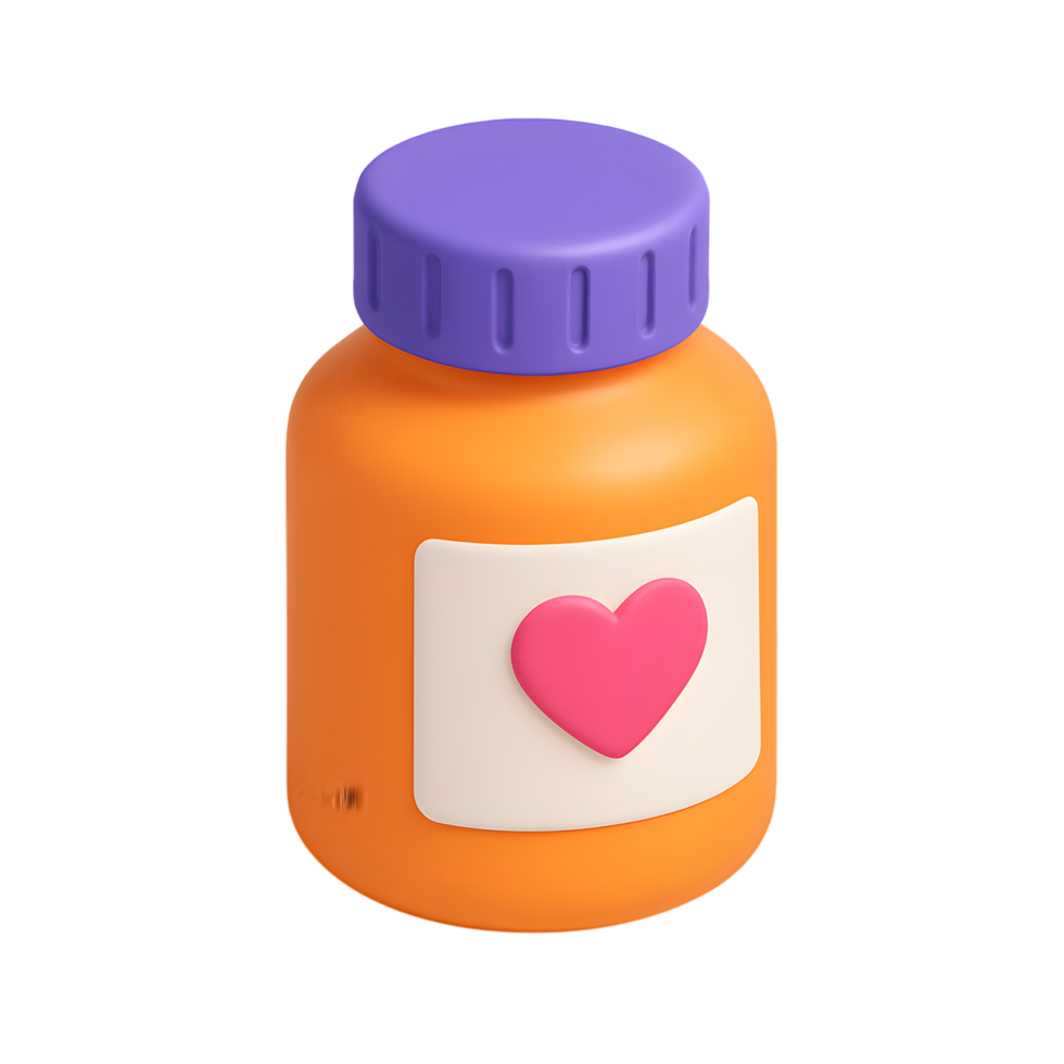 Bottle of supplement with heart symbol for health png
