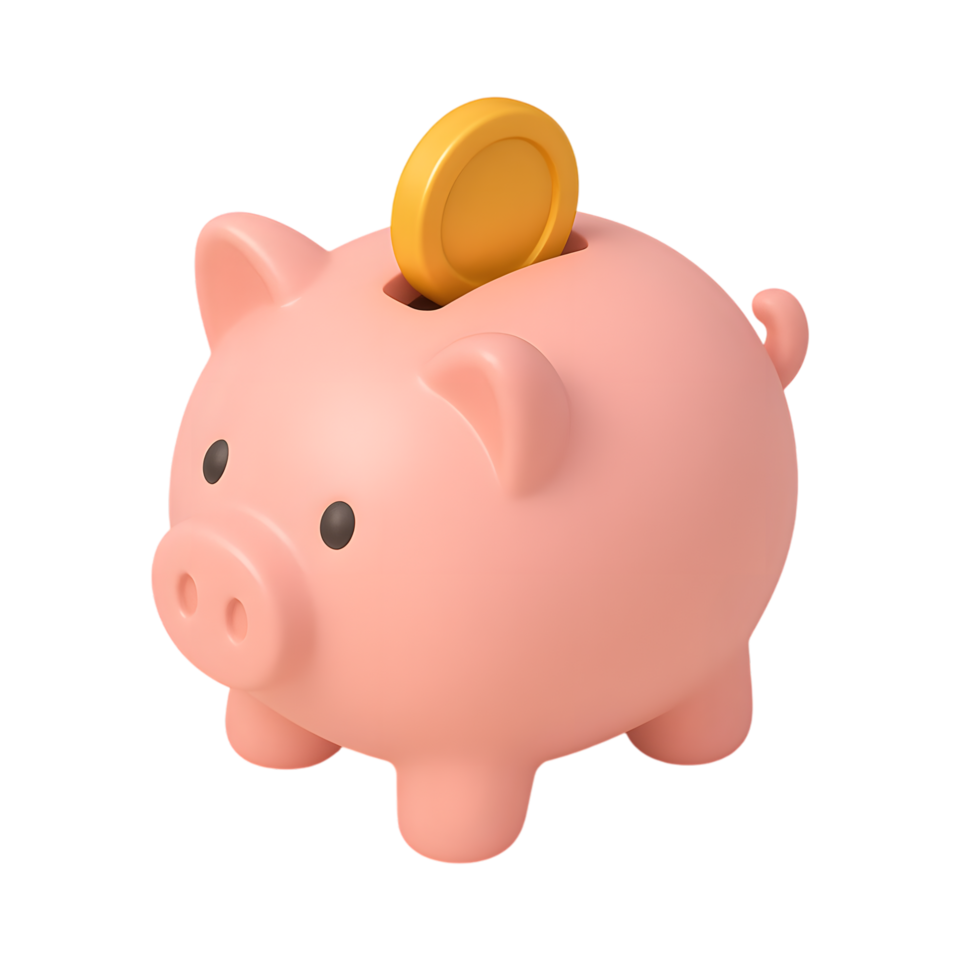 Pink piggy bank with coin on top for savings png