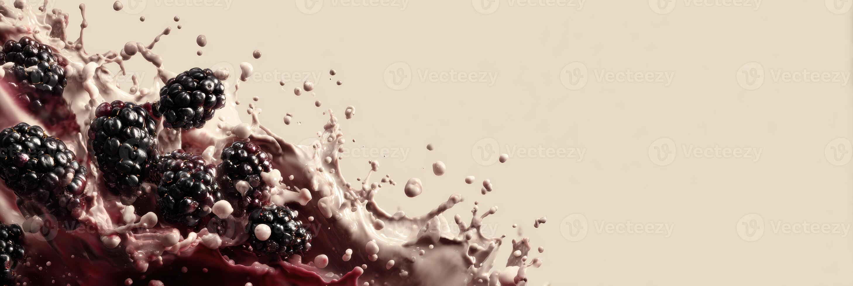 Realistic Blackberry Splash Captured in Mid-Air Against a Minimal Beige Background Highlighting Dynamic Movement and Texture photo