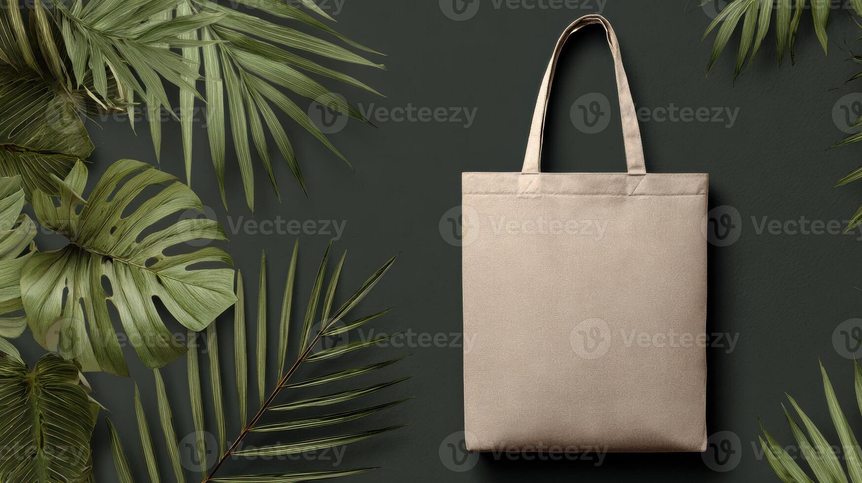 Beige Tote Bag Mockup With Tropical Leaves Against Dark Background for Eco-Friendly Design Showcase photo