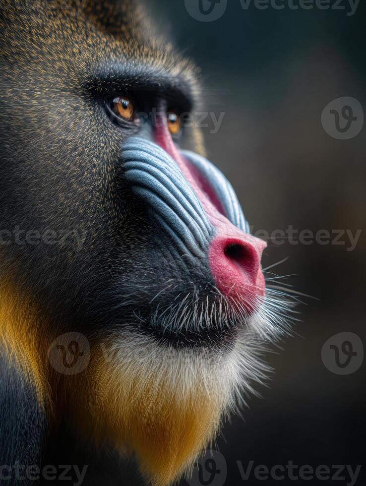 Mandrill Stares Into the Distance With Vibrant Facial Colors Surrounded by a Blurred Tropical Jungle Backdrop photo