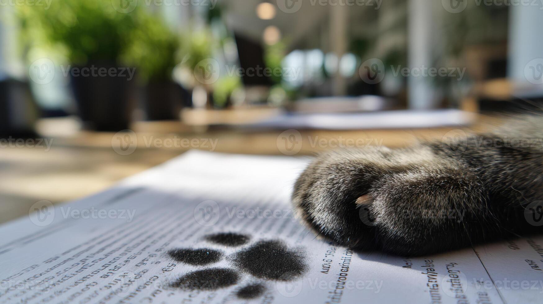 Cat Paw Print on Paperwork With Clean Desk Background Creating a Unique Work Atmosphere photo