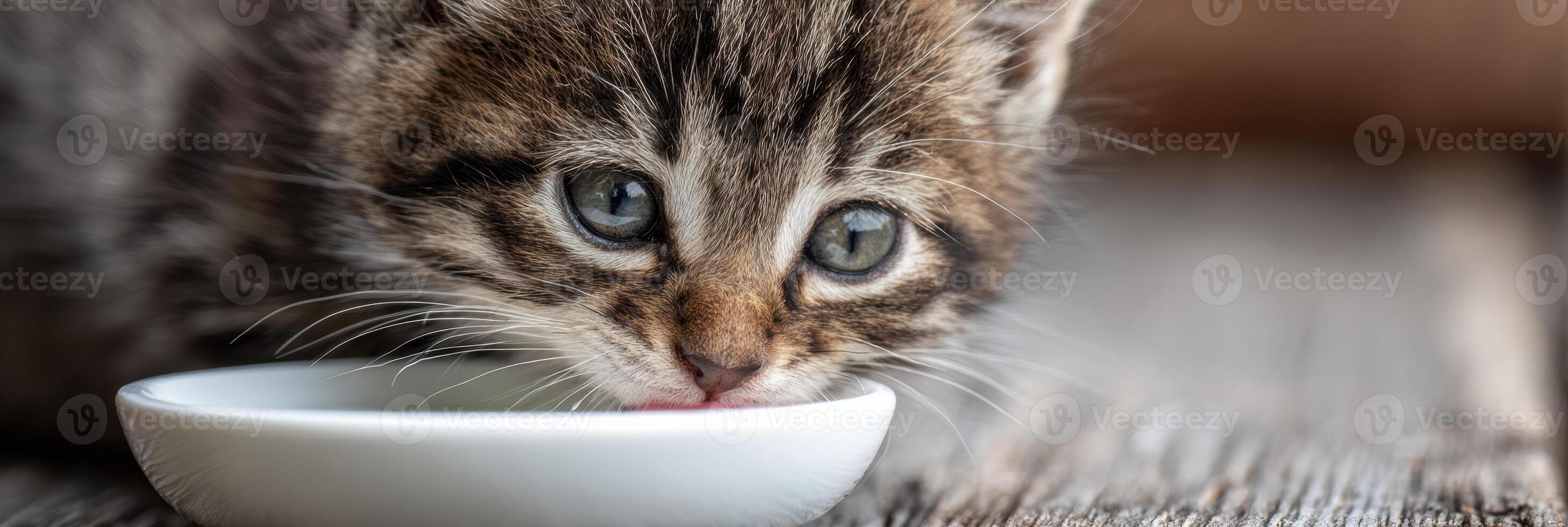 Cute Kitten Happily Licking Bowl of Savory Gravy Food in Cozy Indoor Setting With Soft Lighting and Blurred Background photo