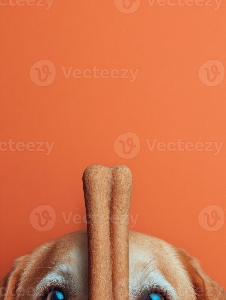 Bold Colored Background Showcases a Delightful Pet Treat Held Just Above the Curious Gaze of a Dog, Highlighting Its Anticipation for a Tasty Reward photo