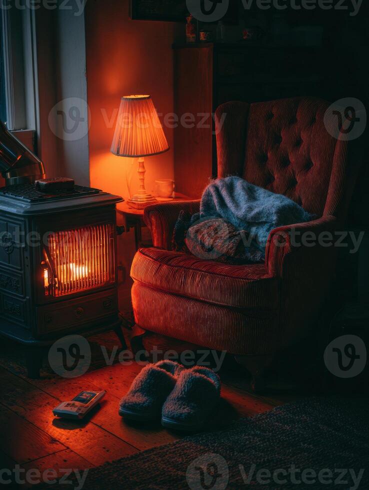 Cozy Indoors With Warm Light, a Comfortable Chair, and Slippers by the Heater on a Chilly Evening photo