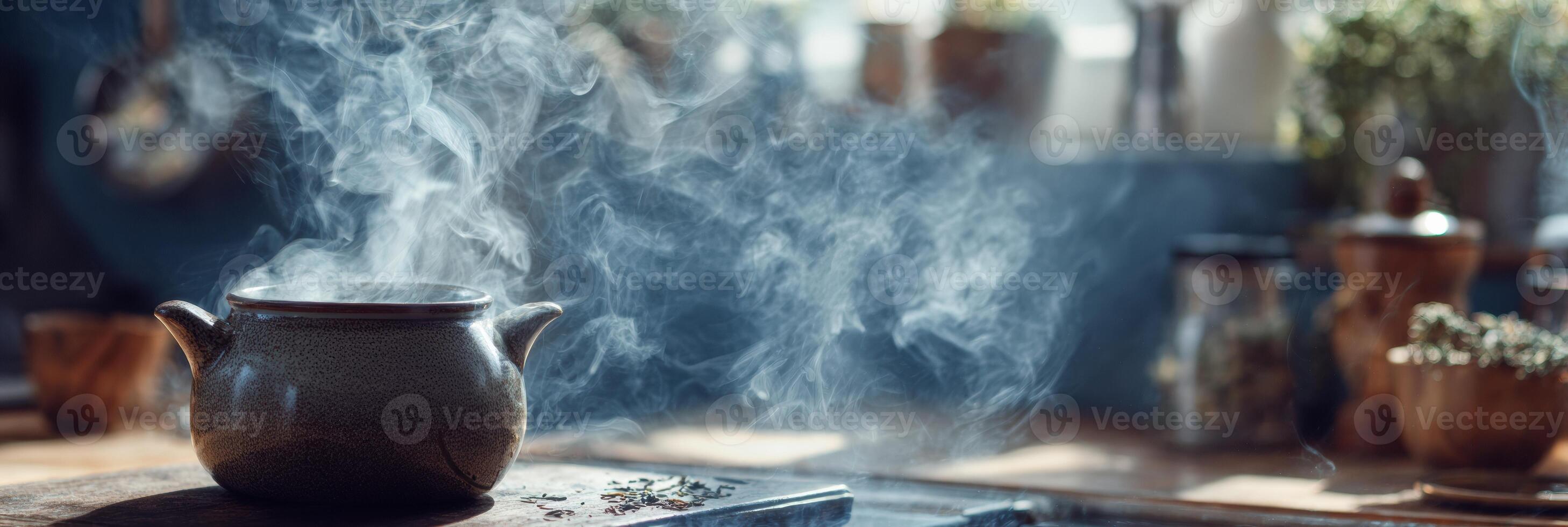 Cozy Kitchen With Steaming Herbal Tea Pot Creating a Warm Atmosphere in Curated Space for Relaxation and Comfort photo