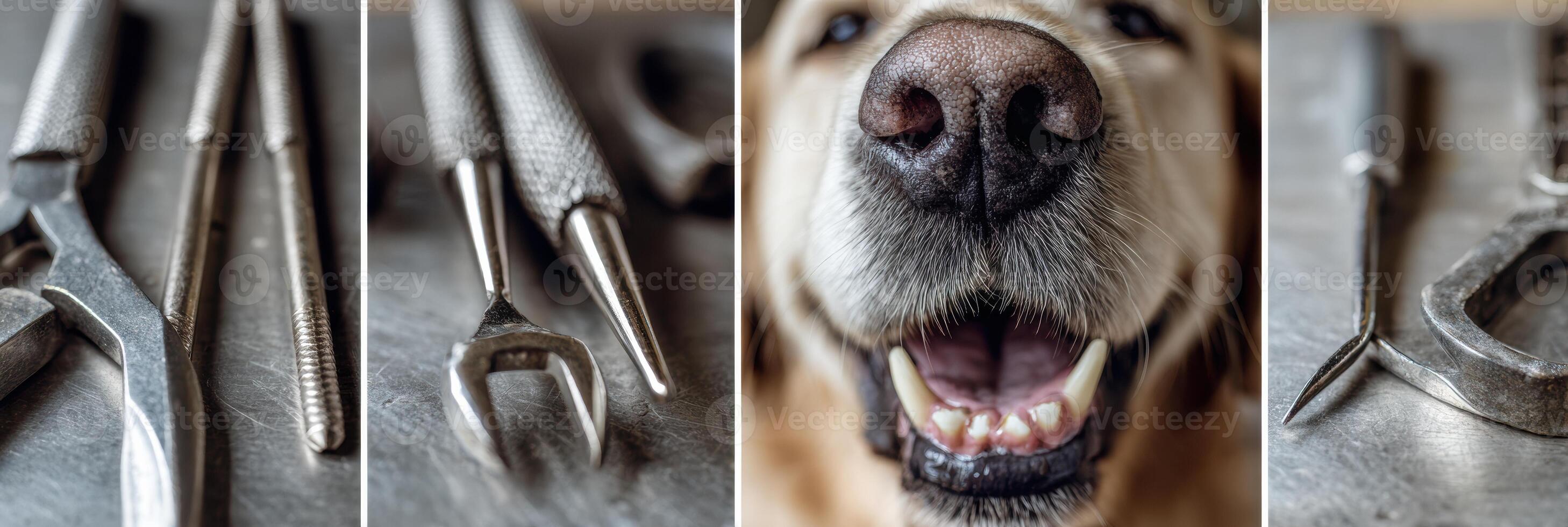 Pet Teeth Cleaning Session Showing Tools and Close-Up of Dog Mouth on a Clear Surface for Effective Dental Care photo