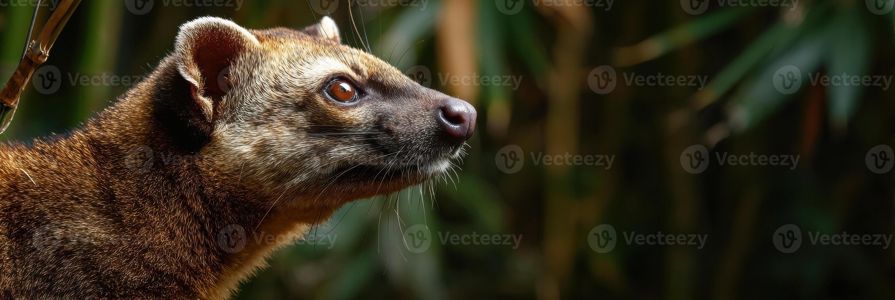 Golden Civet Gazes Thoughtfully Against a Backdrop of Blurred Bamboo, Showcasing Its Strong Profile in a Tranquil Setting photo