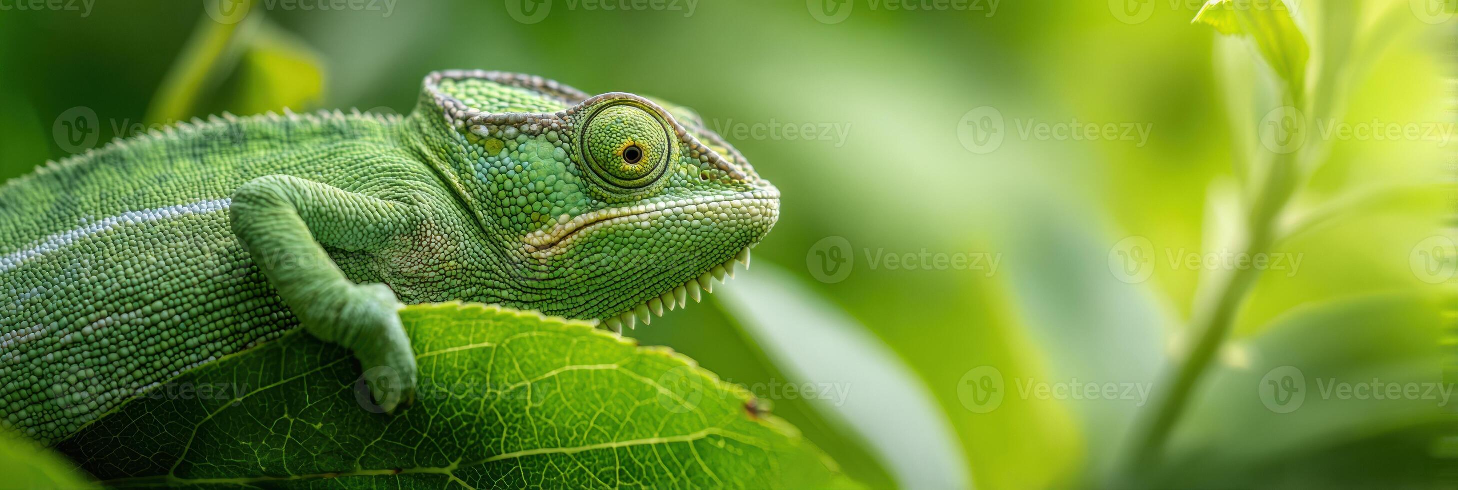 Chameleon Expertly Camouflaged on Vibrant Green Leaf Amidst Soft Bokeh Background in a Natural Setting photo