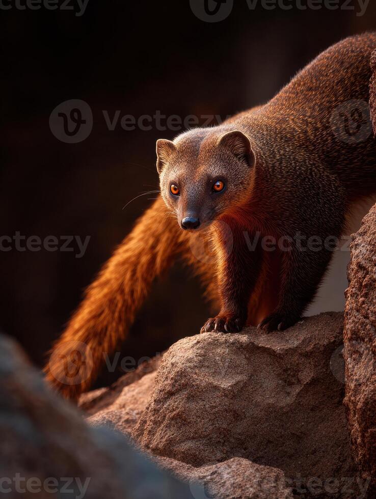 Ring-tailed Mongoose Stealthily Explores Rocky Terrain in Twilight Light photo