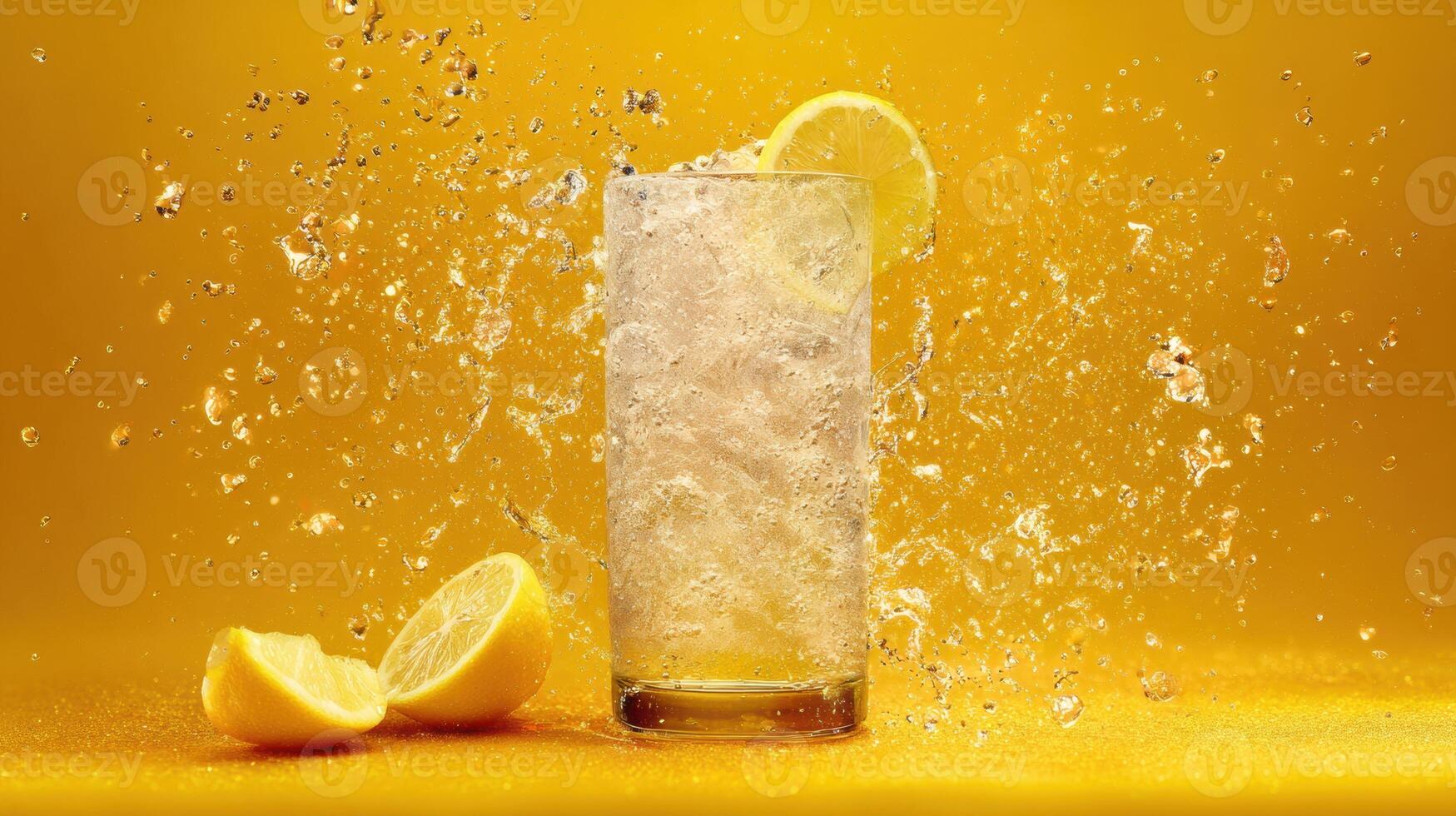 Sparkling Lemon Soda Glass With Refreshing Citrus Splash in a Modern Setting Designed for a Vibrant Food Ad photo
