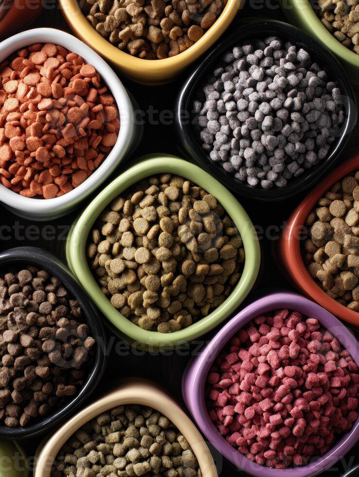 Variety of Pet Kibbles Displayed in Colorful Bowls Highlighting Diverse Shapes and Sizes With a Clean Background photo