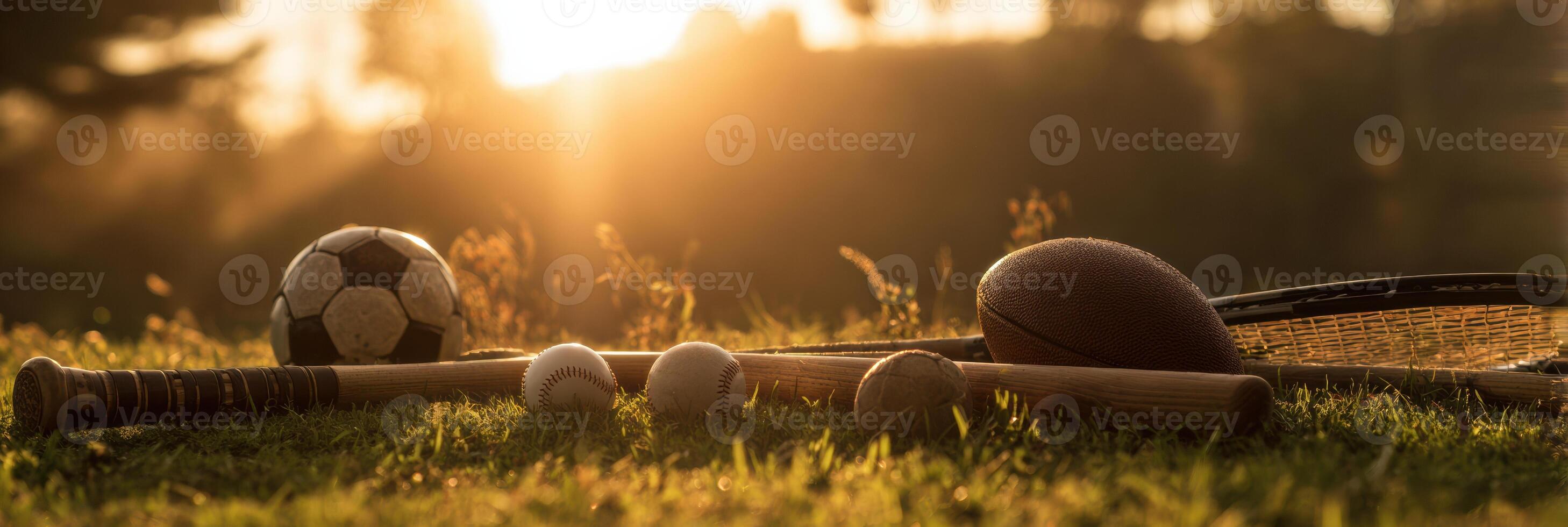 Sports Equipment Scattered on Grass During Sunrise Creating a Vibrant Morning Atmosphere for Outdoor Activities photo