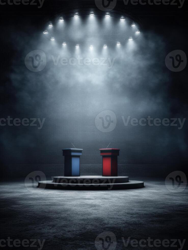 Empty Political Debate Stage Illuminated by Spotlight With Smoke in the Background, Setting the Tone for Future Discussions and Confrontations photo