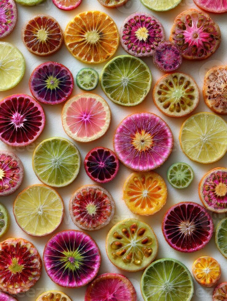 Fruit Slices Create Colorful Mandala Patterns on a Light Background Reflecting a Modern Yoga Aesthetic photo