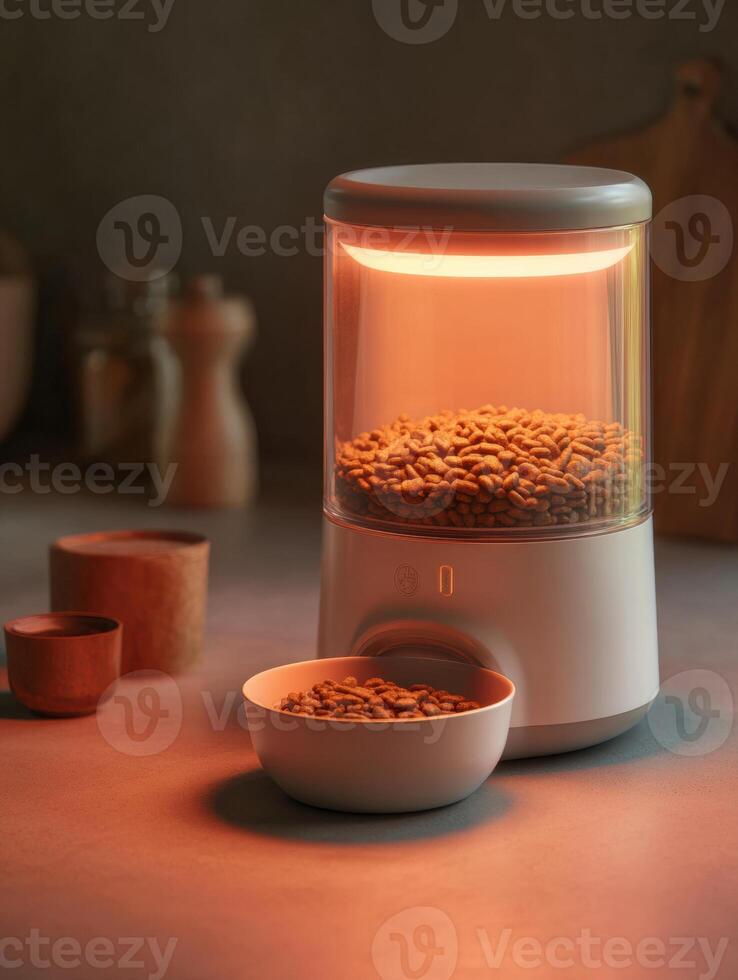 Smart Feeder Device Illuminates a Filled Bowl With Pet Food in a Softly Lit Kitchen Environment During Evening Hours photo