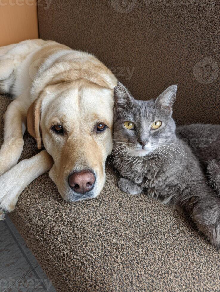 Dog and Cat Relaxing Together on Clinic Sofa, Waiting for Their Appointment and Enjoying Each Others Company photo