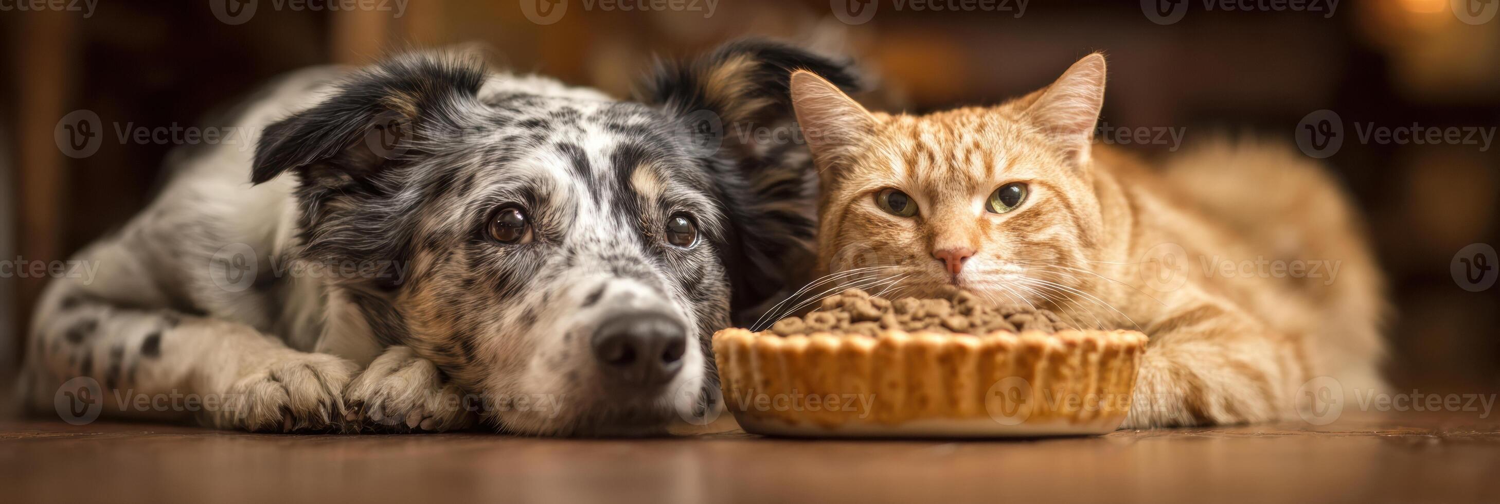 Dog and Cat Sharing Food Dish in Cozy Home Setting, Highlighting Their Friendship and Warmth During Mealtime photo