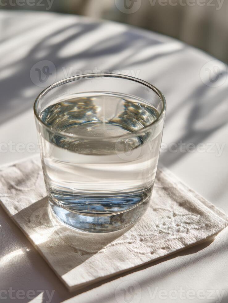 Warm Salt Water Glass Placed on a Coaster Next to an Instruction Card for Gargling During a Calm Morning photo