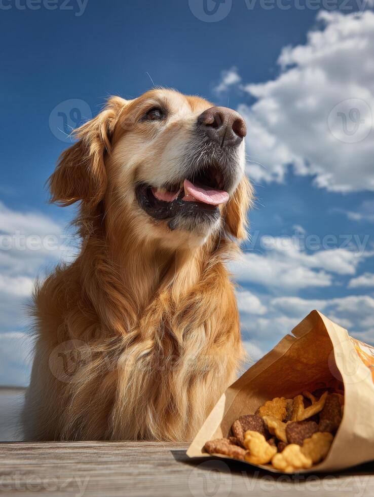 Golden Retriever Enjoying Treats Beside an Open Package Under a Bright Sky photo